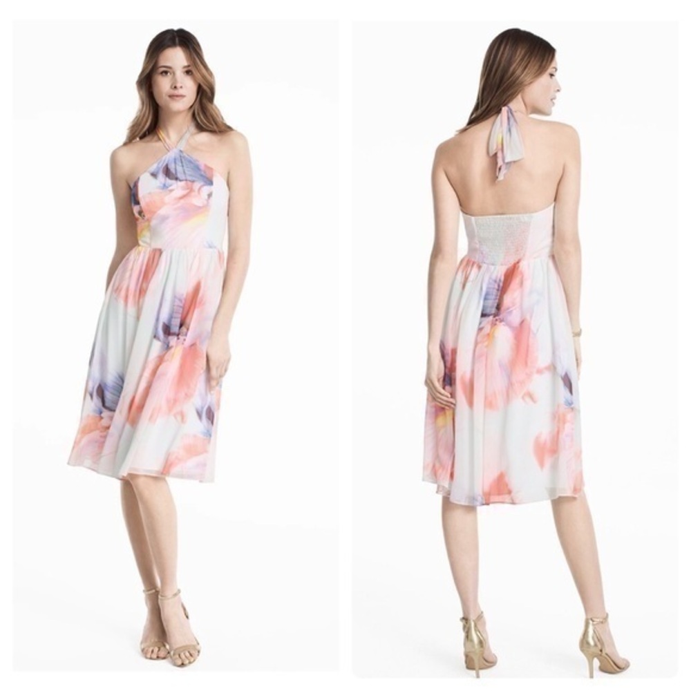 NWT WHBM Chiffon Watercolor Print Halter Dress